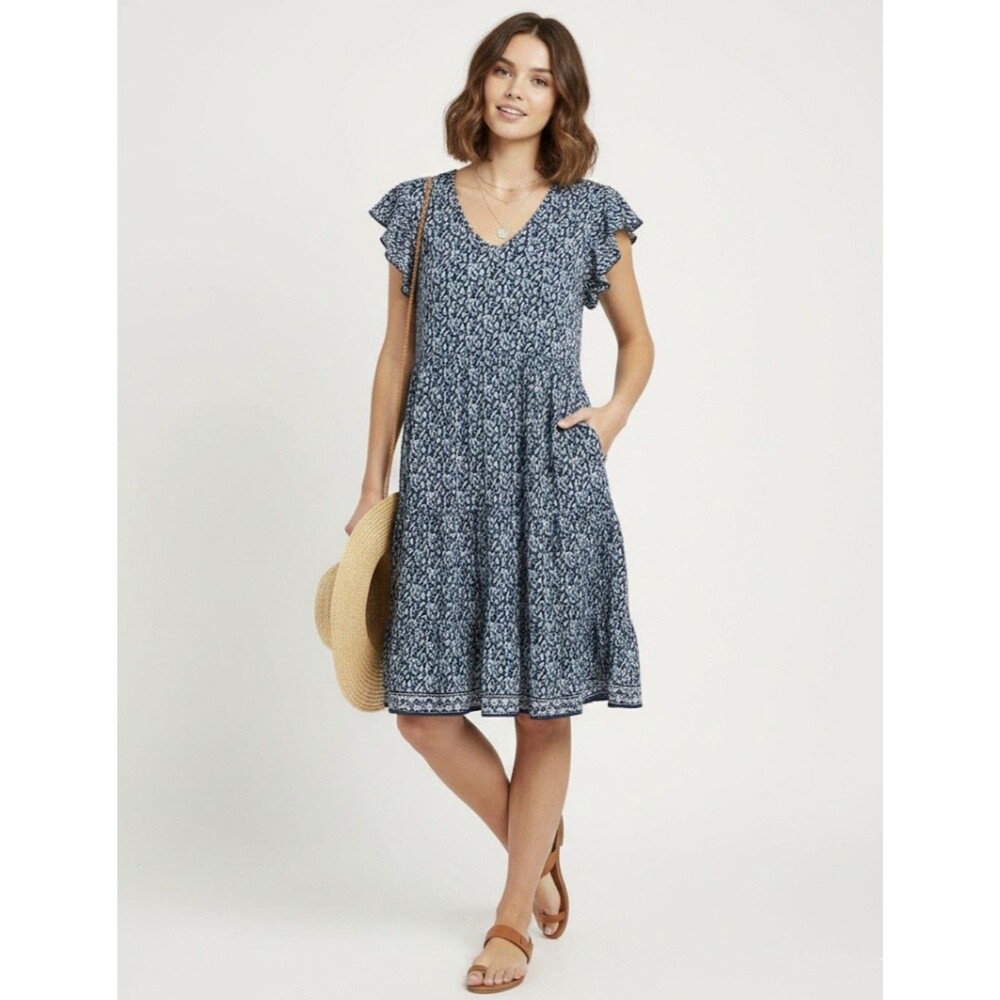Max Studio Blue Floral Flutter Sleeve Knee Length Tiered Dress Women’s Size L